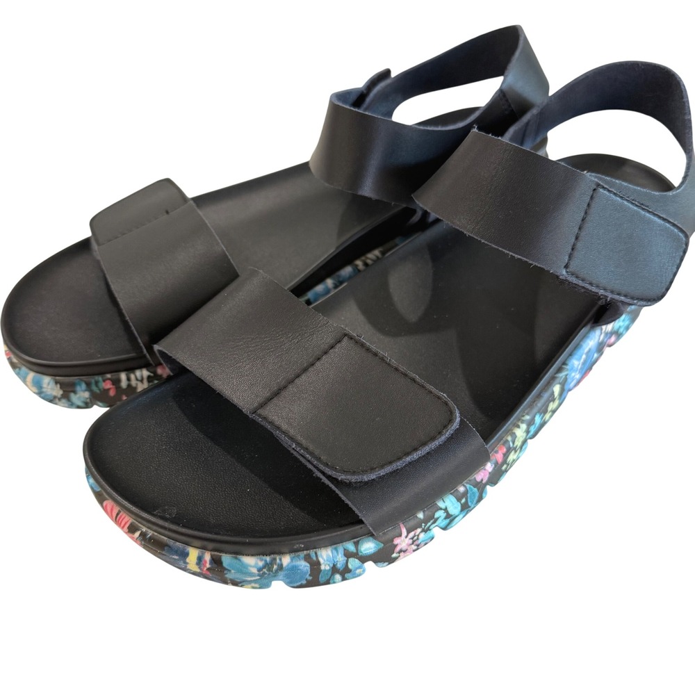 Alegria Playa Black‎ Nappa Leather Floral Platform Adjustable Sandals Size 42